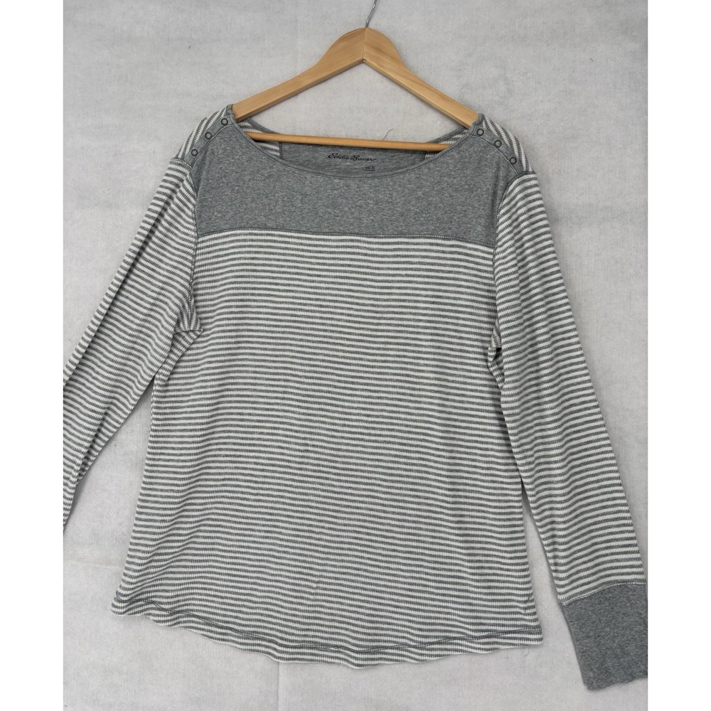 Eddie Bauer Women's L Thermal Waffle Top Pullover Long Sleeve Gray Stripe Layer